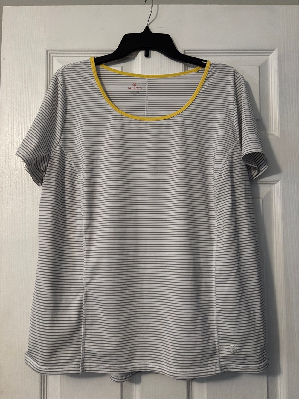 Talbots White and Gray Striped Short-Sleeve Tee with Yellow Trim